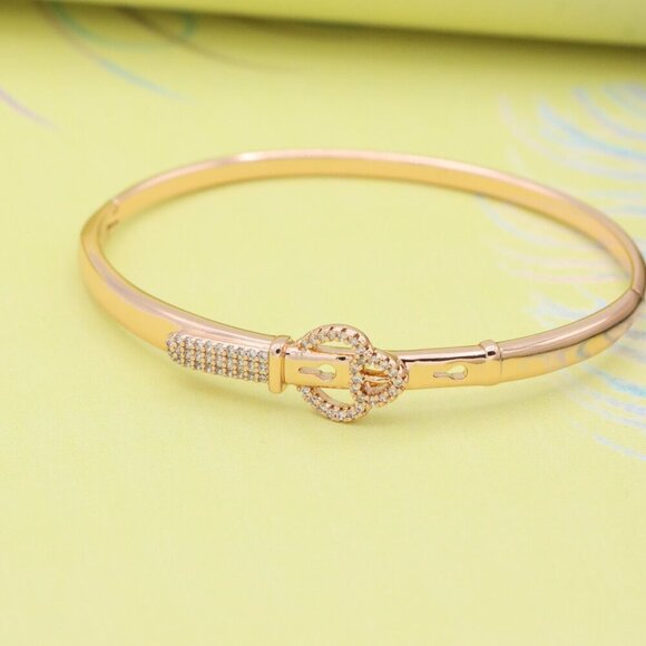 Rose Gold Belt Buckle Design Bangle with CZ Detail, XPBL0471 - Picture 3 of 12